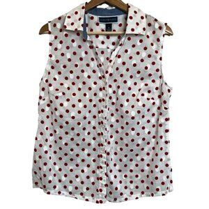 Karen Scott Womens Size Medium Red White Polka Dot Sleeveless Button Up Blouse
